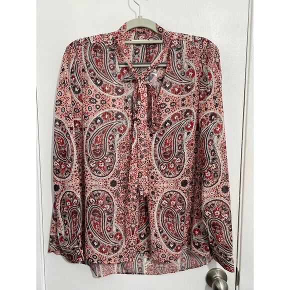Alice & Olivia Blouse Medium Sheer Red Paisley Floral Tie Neck Preppy Modest - Picture 3 of 9